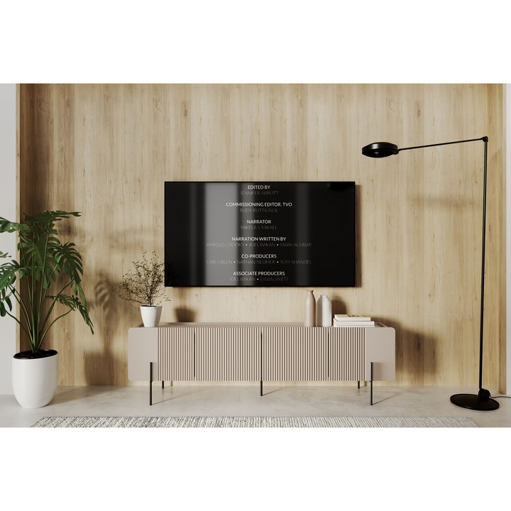Comoda RTV Bogart 200x42x57cm, culoare kaszmir, picioare metalice negre, design modern
