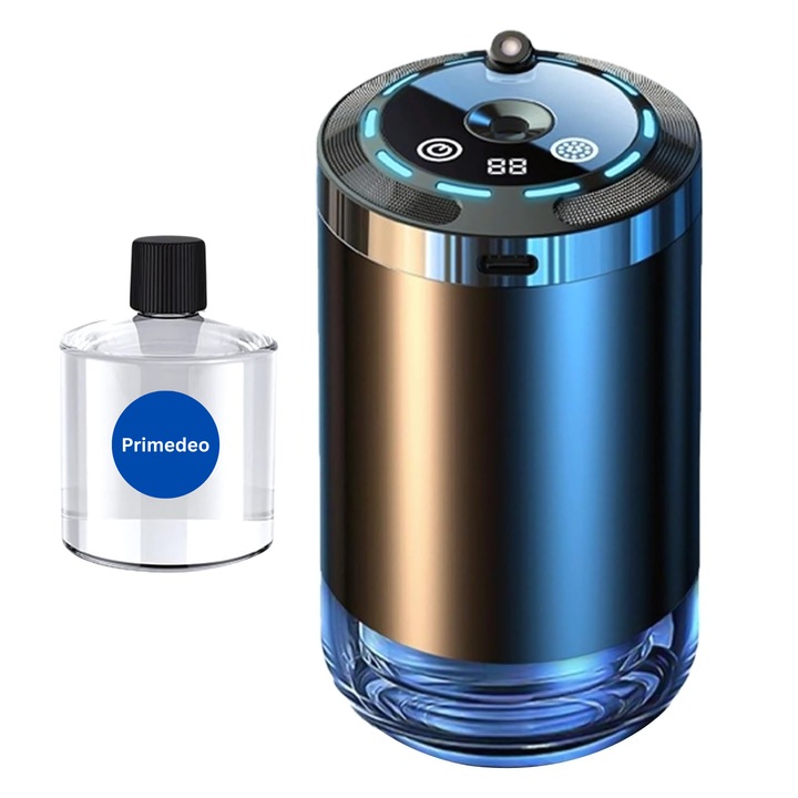 PRIMEDEO професионален освежител за въздух за кола - дифузер, захранван с батерии, амбиентно осветление, проекция със звезди, включен аромат, релаксиращо осветление и елегантен дизайн