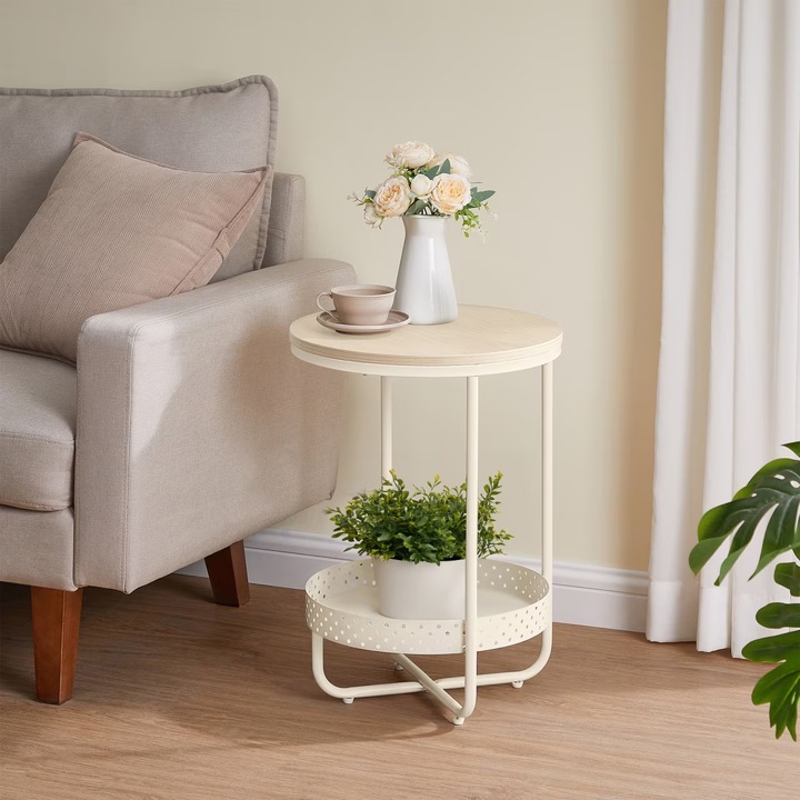 Masuta laterala tip noptiera, rotunda cu cos depozitare, cadru metalic, 40x55 cm, crem