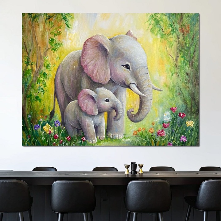 Картина върху платно LuxCanva M1322, Градина със слонове, Дървена рамка, Обич, Майка, Малко, Градина, Цветя, Ярки цветове, 75 X 100 см, 100% памучно платно 400 г/м2