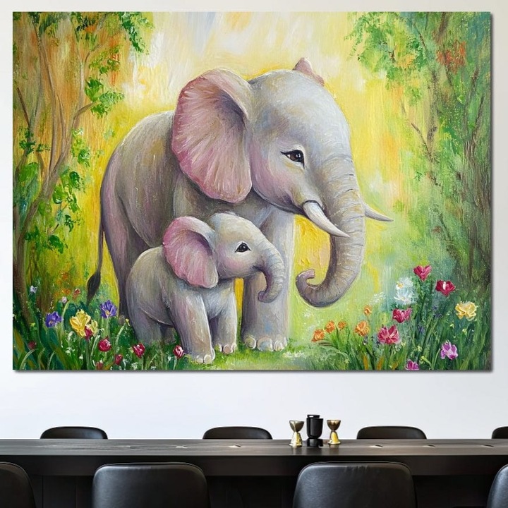 Tablou Canvas Premium, LuxCanva® M1322, Gradina Elefantilor, 90 X 120 CM, Panza Bumbac 100% 400g/m2, Sasiu Lemn, Afectiune, Mama, Pui, Gradina, Flori, Pictura, Culori Vibrante, Primavara, Elefanti, Dragut, Birou, Living, Camera Copil