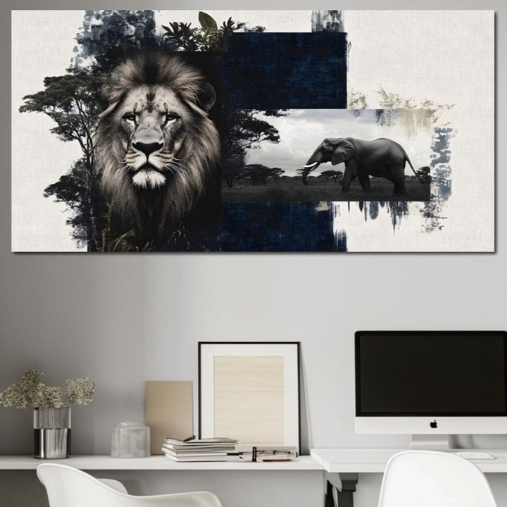 Tablou Canvas Premium, LuxCanva® M1323, Alianta Eterna, 60 X 120 CM, Panza Bumbac 100% 400g/m2, Sasiu Lemn, Leu, Elefant, Putere, Arta Abstracta, Contrast, Salbaticie, Natura, Cadru, Savana, Animale, Noblete, Birou, Living, Camera Copil