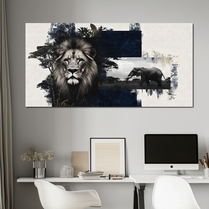 Премиум картина върху платно, LuxCanva® M1323, Вечен съюз, 50 X 100 см, 100% памучно платно 400 г/м2, дървена рамка, Лъв, Слон, Сила, Абстрактно изкуство, Контраст, Дива природа, Природа, Рамка, Савана, Животни, Благородство, Офис, Хол, Детска стая