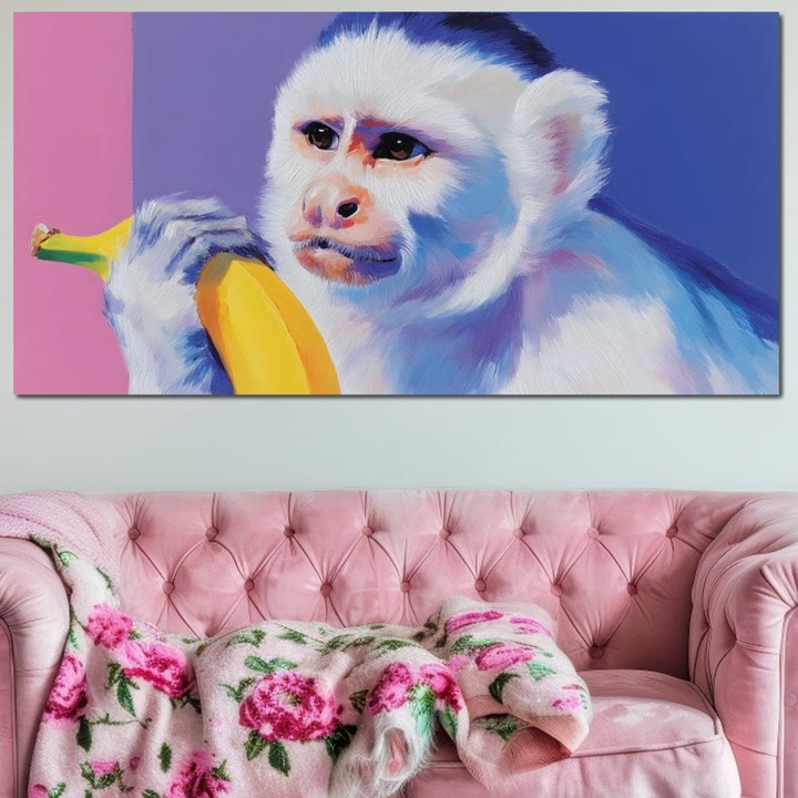Tablou Canvas Premium, LuxCanva® M1326, Maimutica cu Gust, 50 X 100 CM, Panza Bumbac 100% 400g/m2, Sasiu Lemn, Banana, Fruct, Pastel, Maimuta, Pop Art, Urban, Funky, Abstract, Primata, Animal, Salbaticie, Birou, Living, Camera Copil