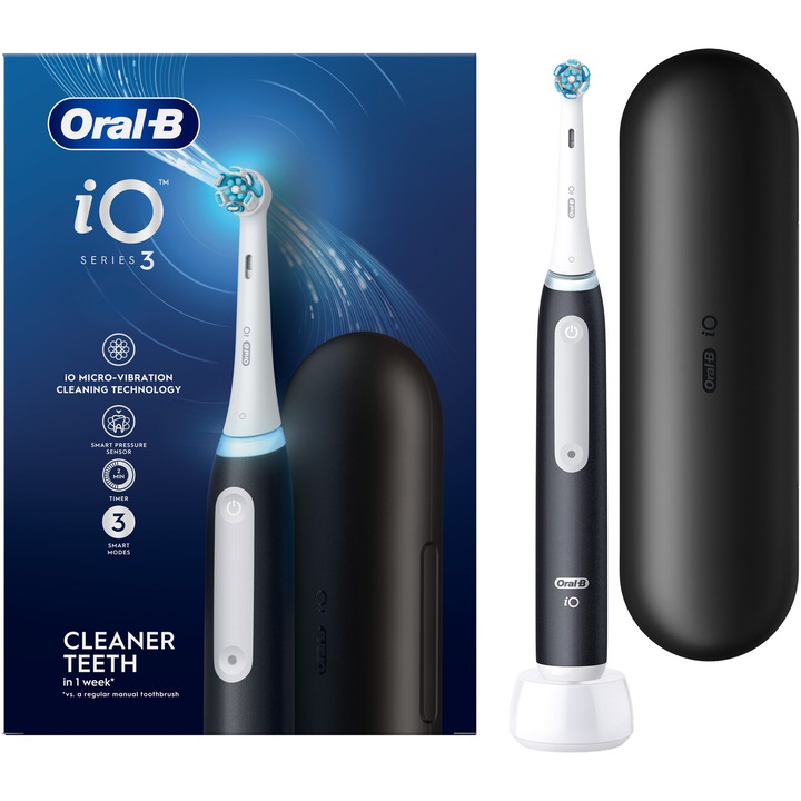 Oral-B iO 3 elektromos fogkefe, 1 tartalék elektromos fogkefe, 1 utazó készlet, fekete