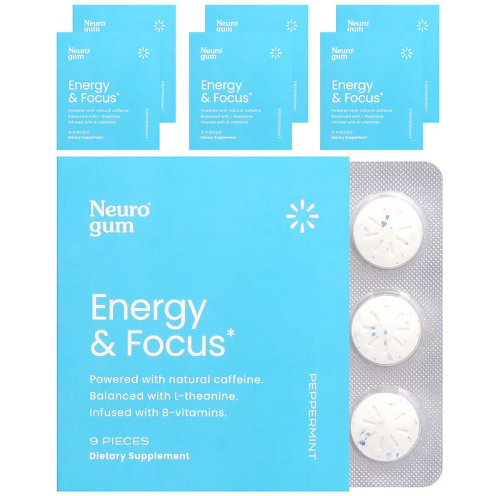 Supliment, NeuroGum, Energie și Concentrare, menta, vegan, 54 bucăți, fără aspartam, fără zahăr, fără gluten
