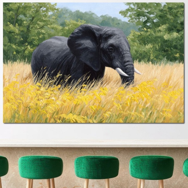 Tablou Canvas Premium, LuxCanva® M1324, Tacerea Pajistii, 70 X 100 CM, Panza Bumbac 100% 400g/m2, Sasiu Lemn, Peisaj, Natura, Pajiste, Verde, Elefant, Colti, Vegetatie, Pictura, Animal, Pasnic, Adiere, Birou, Living, Camera Copil