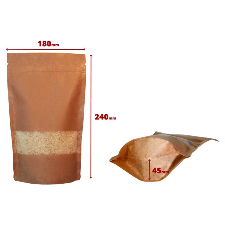 Pungi Stand Up Kraft cu fereastra si ziplock 180×240x45mm, Maro, Set 50 buc