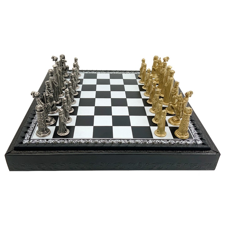 Set de sah si table Italfama Medioevale, piese de colectie, metal, piele ecologica, 28x28x5.5cm