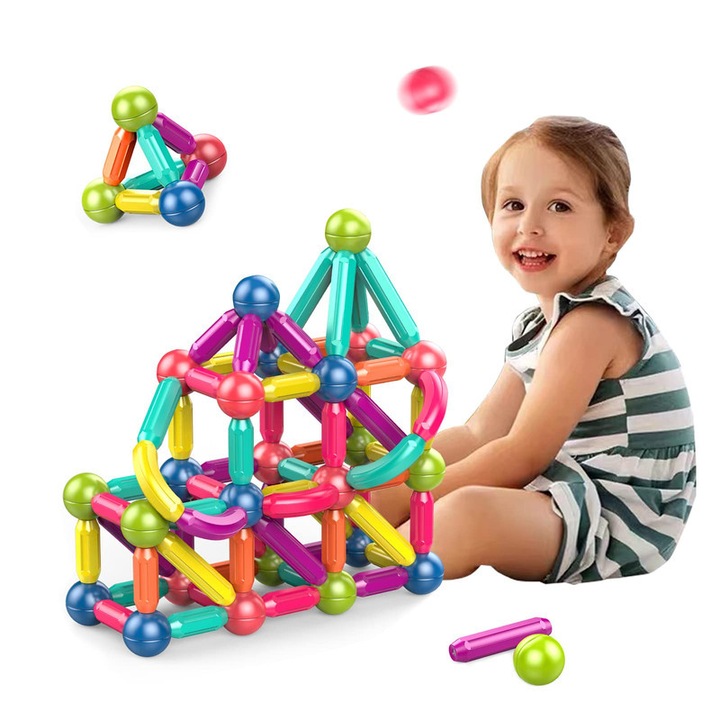 Set de constructie magnetica 25 piese, educational, pentru copii, dezvoltare STEM, 1-4 ani, multicolor