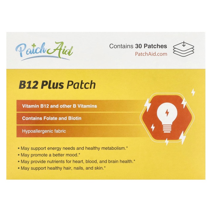 PatchAid, Plaster B12 Plus, set 30 plasturi, hipoalergenic, cu vitamine B