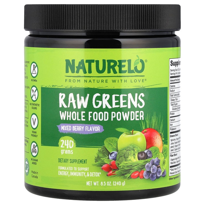 Pudra alimentara integrala NATURELO Raw Greens, mix de fructe de padure, 240 g
