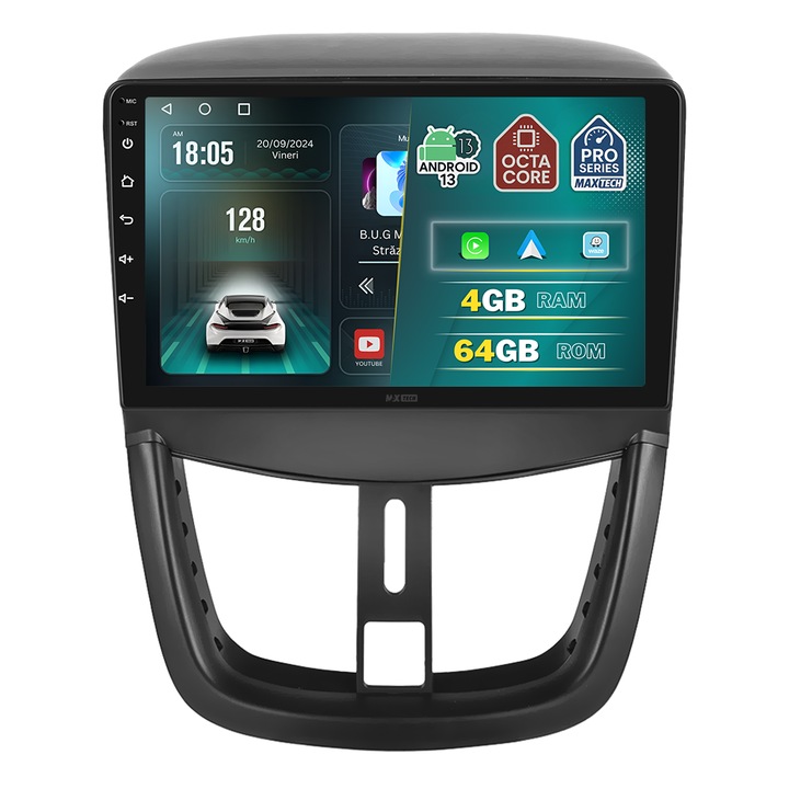 Navigatie Peugeot 207 (2009-2013) dedicata, MaxTech® PRO SERIES, 4 GB Ram 64 GB Rom OctaCore, Carplay & Android auto, Ecran 10 ” HD Touch, GPS, Wifi, Bluetooth, Radio, USB, EQ, Waze