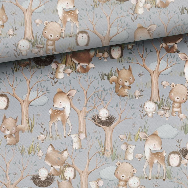 Material textil, Bumbac imprimat Little Baby Forest Blue, bumbac 100%