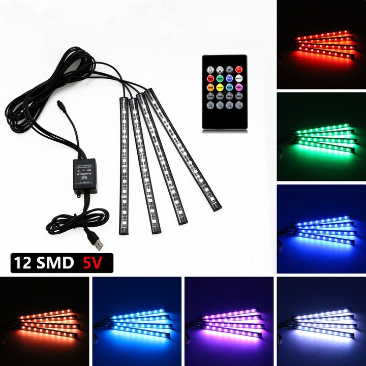 Autóba szerelhető RGB LED környezeti világítás, 4 csík, APP vezérlés, többszínű, 180x1.5cm