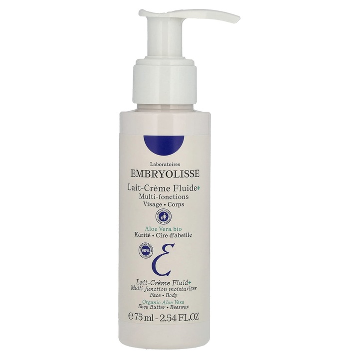 Crema hidratanta multifunctionala Embryolisse Lait-Creme Fluid+, 75 ml, cu aloe organic, unt de shea, pentru toate tipurile de piele