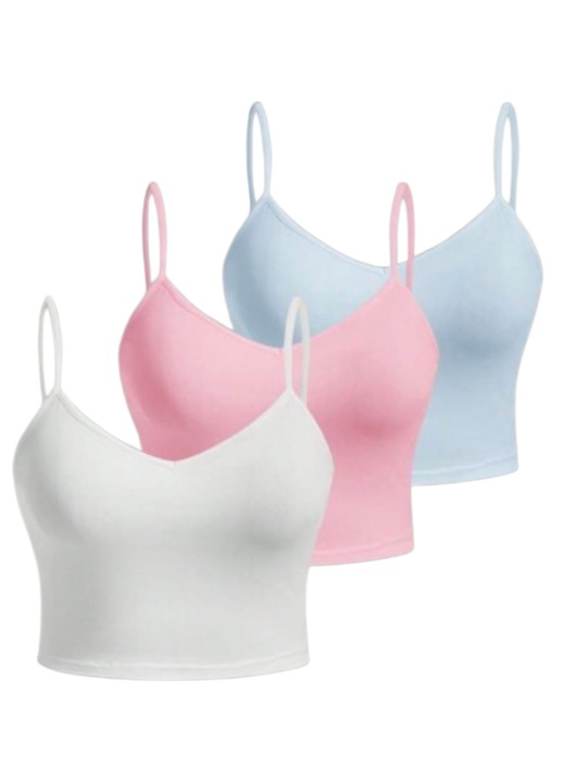 3 db-os női rövid pamut trikó szett, fehér, rózsaszín, kék, M-es méret