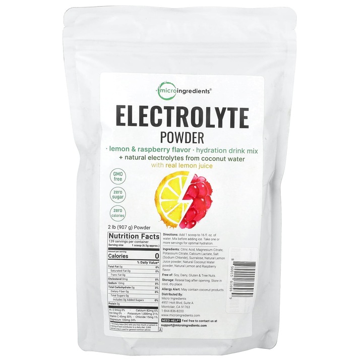 Electroliti pulbere, Micro Ingredients, citrice si zmeura, 907 g, fara calorii, fara zahar
