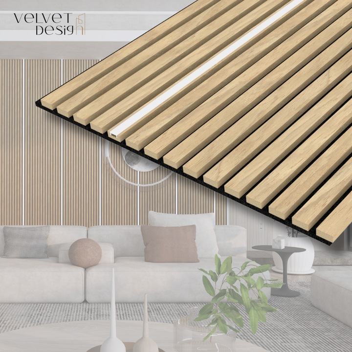 Riflaj decorativ LED Line, panou acustic din lamele MDF cu furnir natural, 1 lamela semitransparenta pentru iluminare LED si baza fetru PET, culoare Stejar Royal, 2400x600x21 mm, 1.44 mp suprafata acoperita, atenuare zgomot 80% (NRC 0.8), Velvet Design