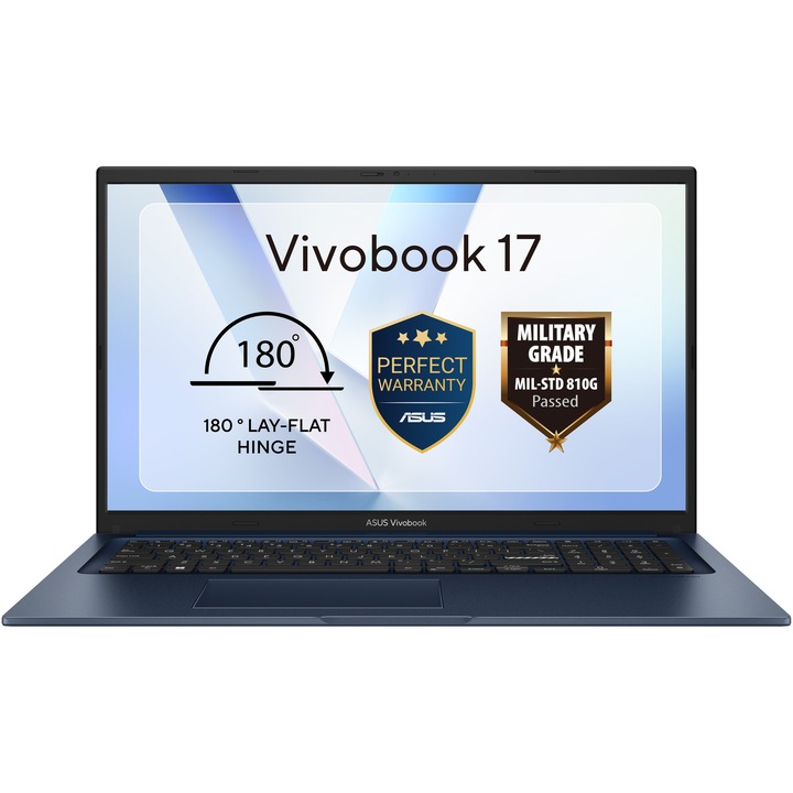 ASUS Vivobook 17 X1704VA laptop, Intel® Core™ 5 120U processzorral, akár 5.0GHz-ig, 17.3'', Full HD, IPS, 16GB DDR4 RAM, 1TB SSD, Intel® Graphics, Nincs OS, Csendes kék