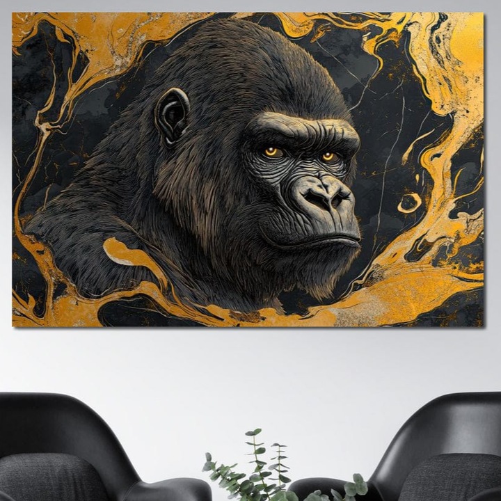 Tablou Canvas Premium, LuxCanva® M1327, Ecou Stravechi, 80 X 120 CM, Panza Bumbac 100% 400g/m2, Sasiu Lemn, Gorila, Primata, Putere, Auriu, Privire, Impunator, Arta Abstracta, Pictura, Bestie, Dominant, Birou, Living, Camera Copil