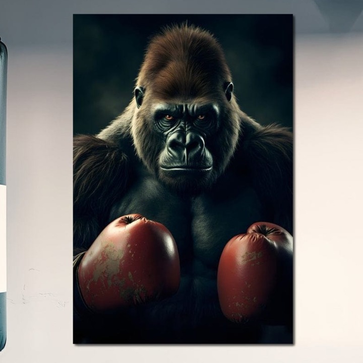 Tablou Canvas Premium, LuxCanva® M1328, Bestia cu Manusi, 70 X 100 CM, Panza Bumbac 100% 400g/m2, Sasiu Lemn, Boxer, Luptator, Campion, Puternic, Gorila, Primata, Animal, Knockout, Pumn, Manusi, Sport, Birou, Living, Camera Copil