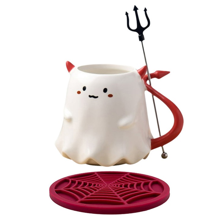 Cana ceramica Huitrax Elf Demon cu lingurita si suport silicon, rosu-negru, 11x6cm, 480ml