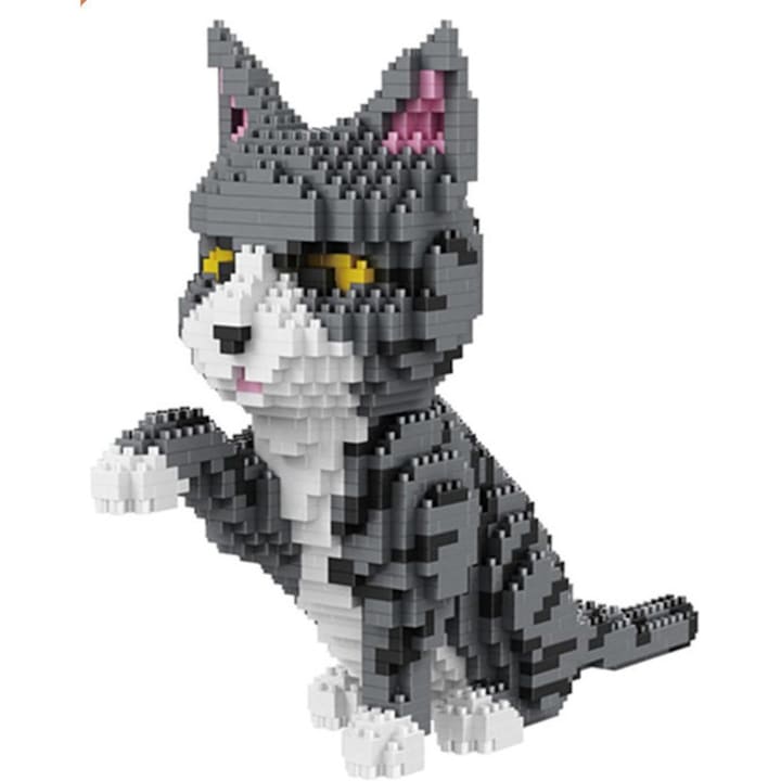 Комплект строителни блокове, 1300 части, сива и бяла котка, пластмаса, за 14+