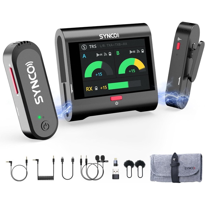 Set 2 microfoane lavaliera profesionale wireless 2.4GHz, raza actiune 250 m, receptor cu touchscreen de 2 inch, 10 ore timp functionare, anulare zgomot, inregistrare de siguranta, pentru PC, Laptop, Smartphone, Camere DSLR