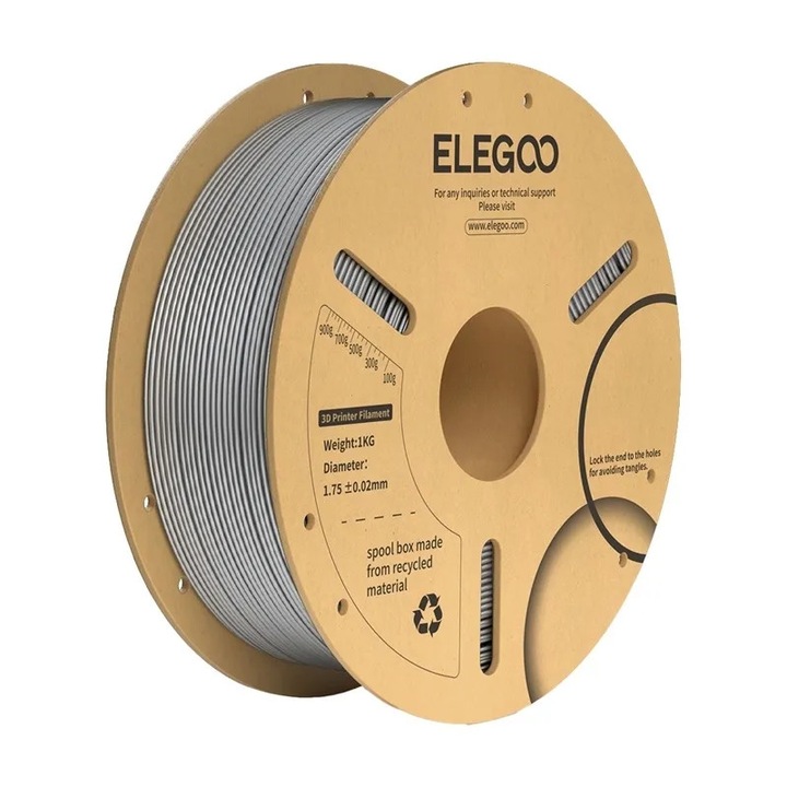 Filament PLA+, ELEGOO, gri, 1 kg, durabilitate crescută, compatibilitate FDM