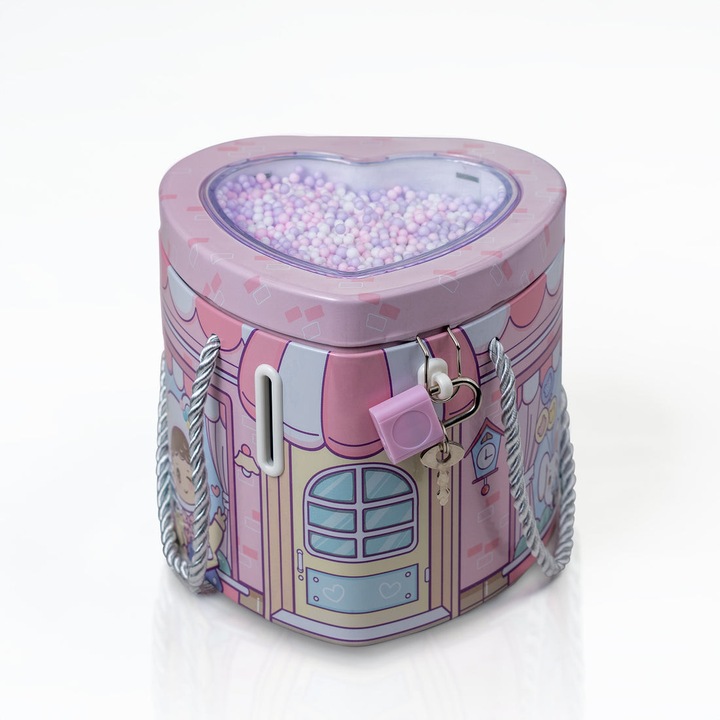 Fém gyermek malacpersely, szív alakú, 3D-s dizájn színes golyókkal, zárral és kulccsal, levehető felső fedél, ideális oktatási megtakarításokhoz, rózsaszín