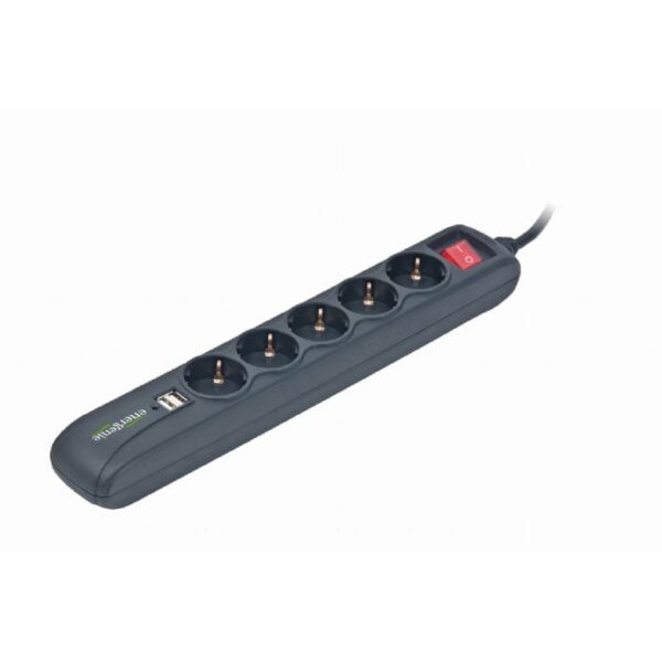Prelungitor Gembird SPG5-U2-5, 5 prize Schuko, conectare prin Schuko (T), USB x 2, cablu 1.5 m, 16 A, protectie copii, negru