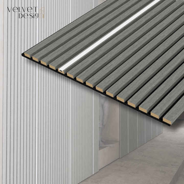 Riflaj decorativ LED Line, panou acustic din lamele MDF cu furnir natural, 1 lamela semitransparenta pentru iluminare LED si baza fetru PET, culoare Gri Nordic, 2400 x 600 x 21 mm, 1.44 mp suprafata acoperita, atenuare zgomot 80% (NRC 0.8), Velvet Design