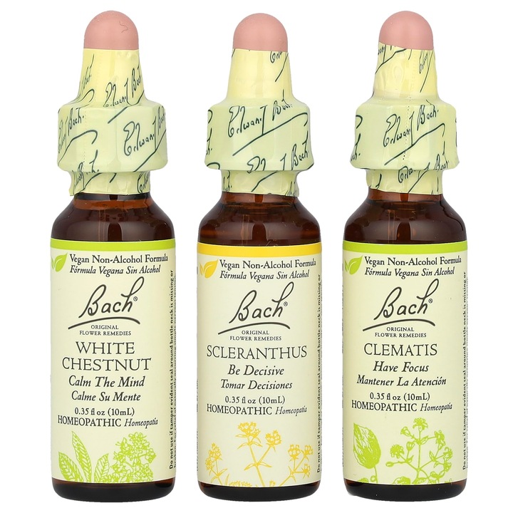 Set remedii florale Bach, kit de concentrare, claritate mentala, 3 pipete, 10 ml fiecare