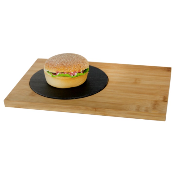 Platou de prezentare si servire bambus RAKI 30x25x1, 5cm cu placa ardezie rotunda 16cm