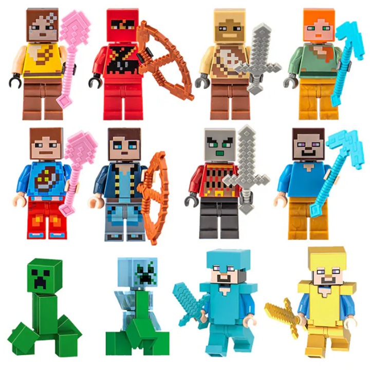 Set papusi Minecraft, 12 piese, plastic ABS, multicolor, 3+ ani