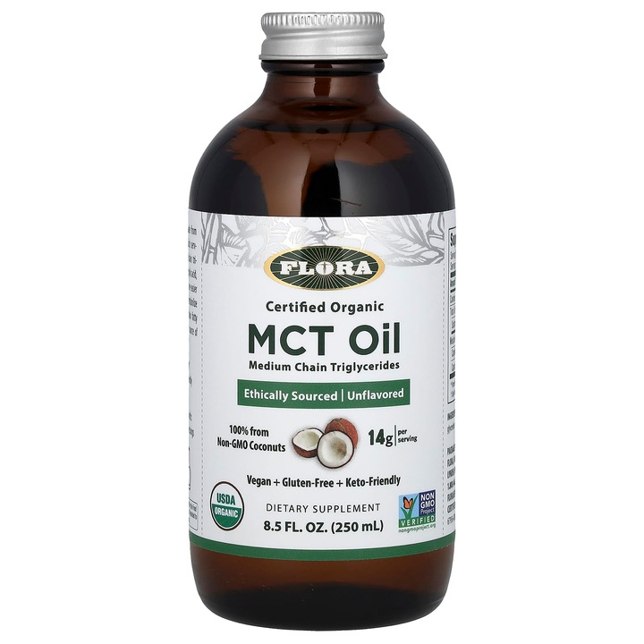 Ulei MCT organic Flora, 250 ml, 14 g trigliceride, fara gluten, vegan