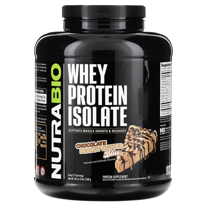 Izolat proteic, NutraBio, ciocolata cu unt de arahide, 2268 g