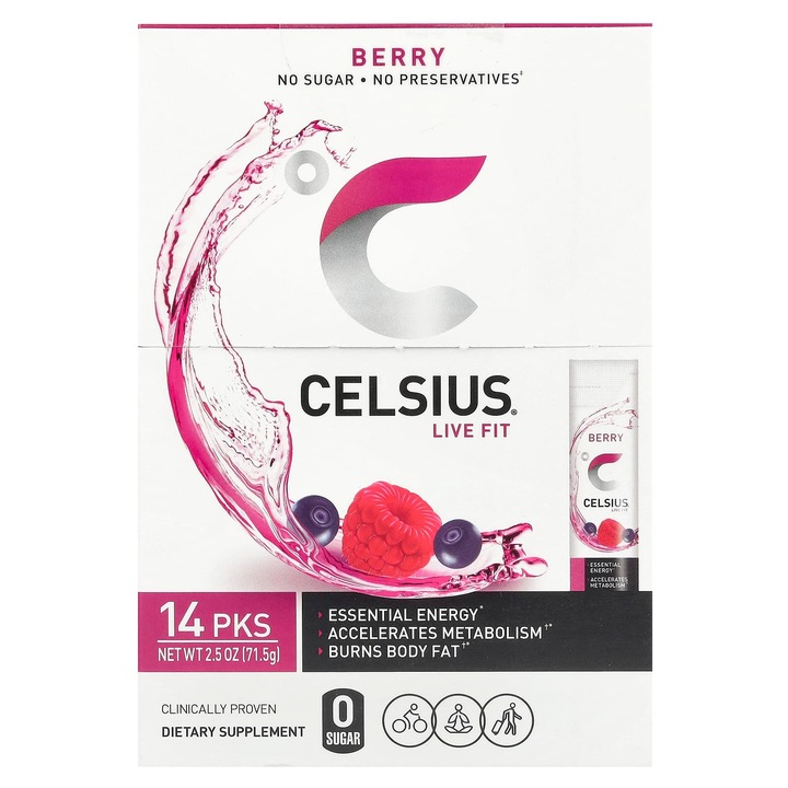 Supliment Celsius, Live Fit, set 14 plicuri, fructe de padure, 5,11 g fiecare, fara gluten, vegan
