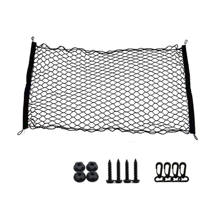 Autós tárolóháló, 110x60cm, nylon anyagú, rögzítő kampókkal, SUV-okhoz és szedánokhoz