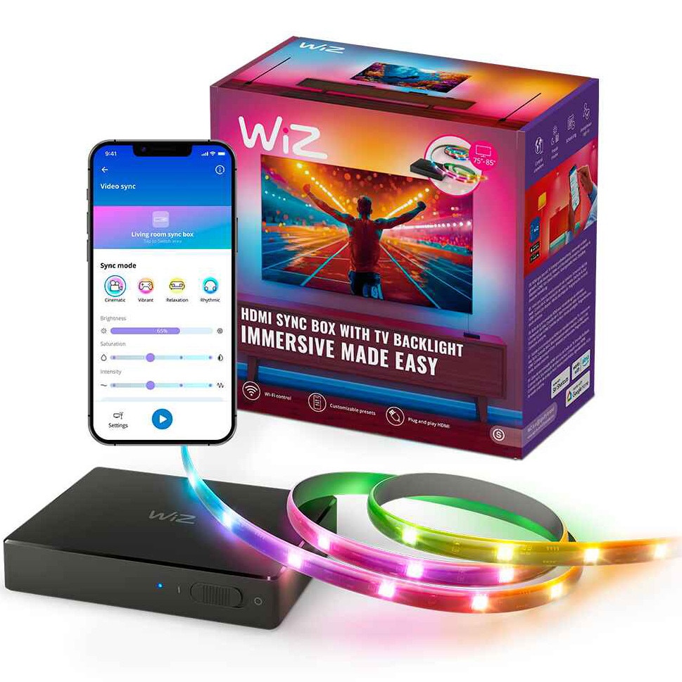 Sync Box HDMI 2.0 WiZ pentru iluminat fundal TV, 4K la 60 Hz, HDR10+, Dolby Vision, Banda LED RGBIC TV Backlight 75-85 inch