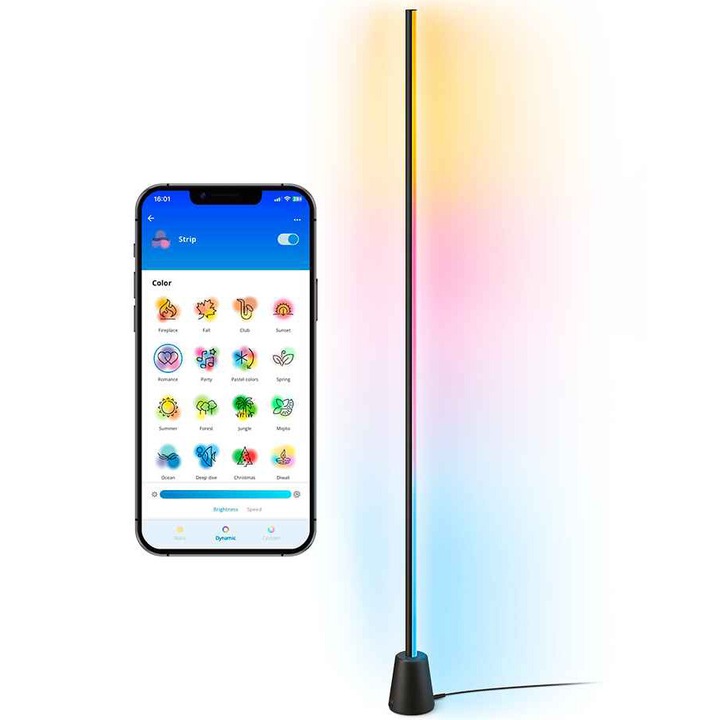 Lampadar LED RGBIC inteligent WiZ, Bluetooth, Wi-Fi, matter, sincronizare muzica, 9.7W, lumina alba si colorata, 135.5 cm, Aluminiu, Negru