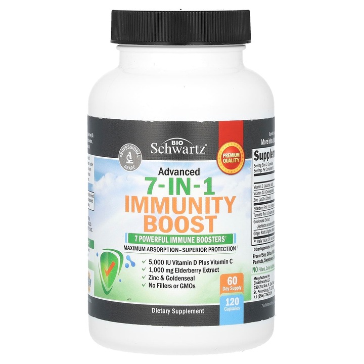 Supliment alimentar, BioSchwartz Immunity Boost, 120 capsule, Vitamina D 5000 UI, Extract de soc negru