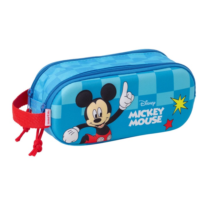 Училищна чанта Safta Mickey Mouse Clubhouse Blue 3D Double Pencil Case 21x8x6 см с 2 отделения и цип