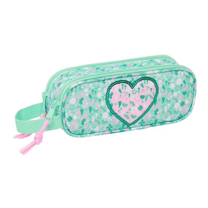 Penar dublu Safta Cuore Menta 21x8x6 cm, portatodo scolar cu 2 compartimente si fermoar, geanta universala