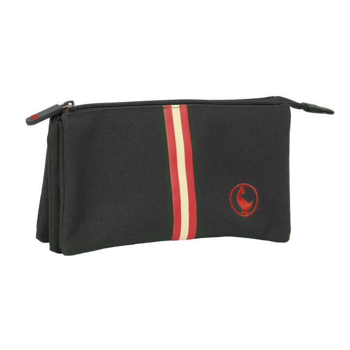 Penar triplu El Ganso Black Negru 22x12x3 cm, geanta universala juvenila, 3 compartimente cu buzunar interior, poliester 900D, fermoar durabil