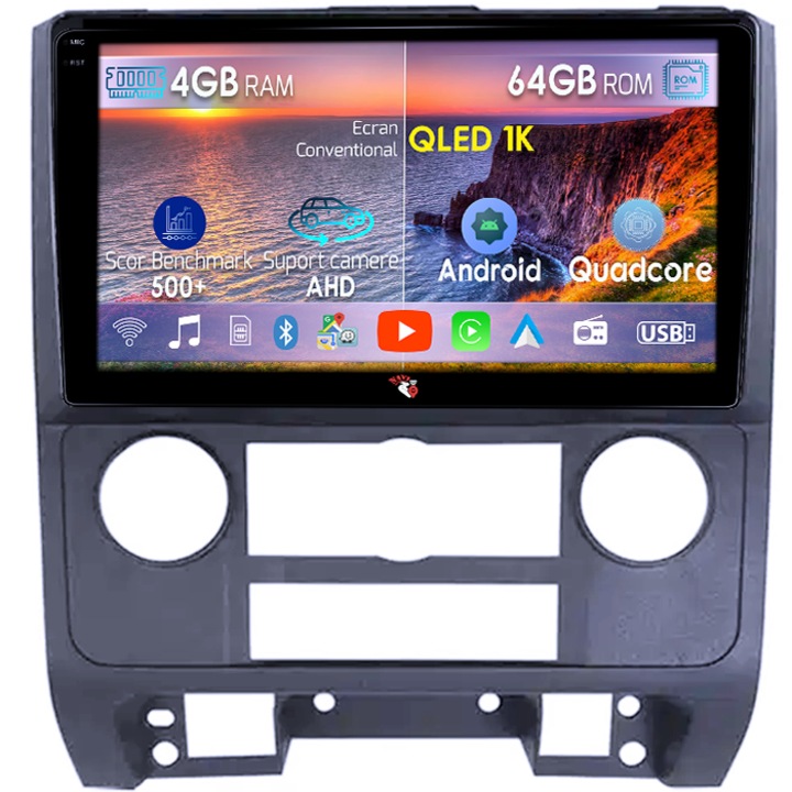 Dedikált navigáció Ford Escape 2007-2012, 4GB RAM 64GB ROM, Octacore, Android 14, QLED 1K 9" kijelző, Carplay&Android Auto, 4G SIM, Aktív Ventilátor
