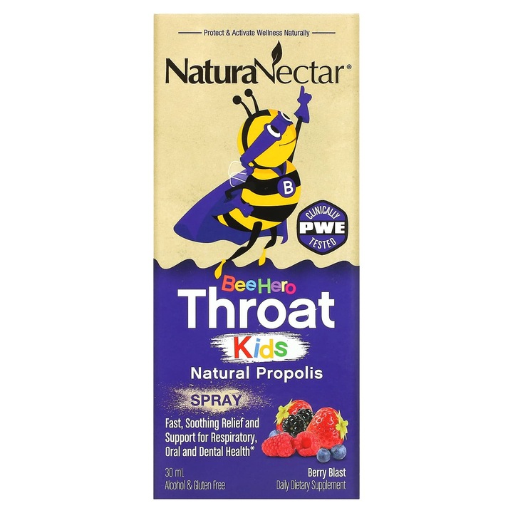 Spray pentru gat copii, NaturaNectar Bee Hero, propolis natural, 30 ml, fara alcool, aroma de fructe de padure