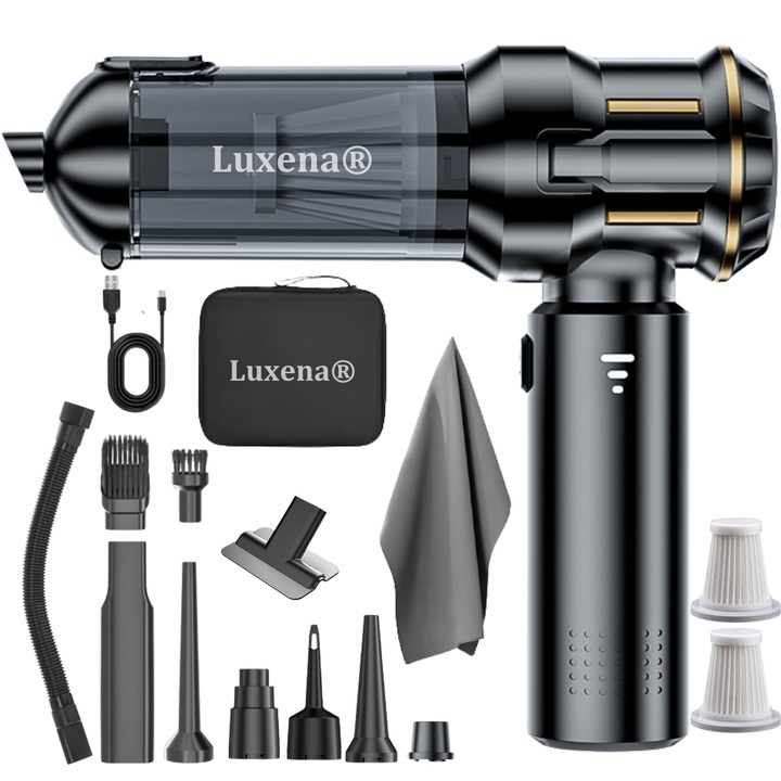 Aspirator auto portabil de mana fara fir 4-in-1 cu acumulator Luxena AirPro4, pentru masina si casa, aspirare umeda/uscata, suflare, umflare, vidare, 110.000 rpm, 3 trepte, 6000 mAh, filtru HEPA lavabil, 15 accesorii, geanta de transport, Negru cu Auriu