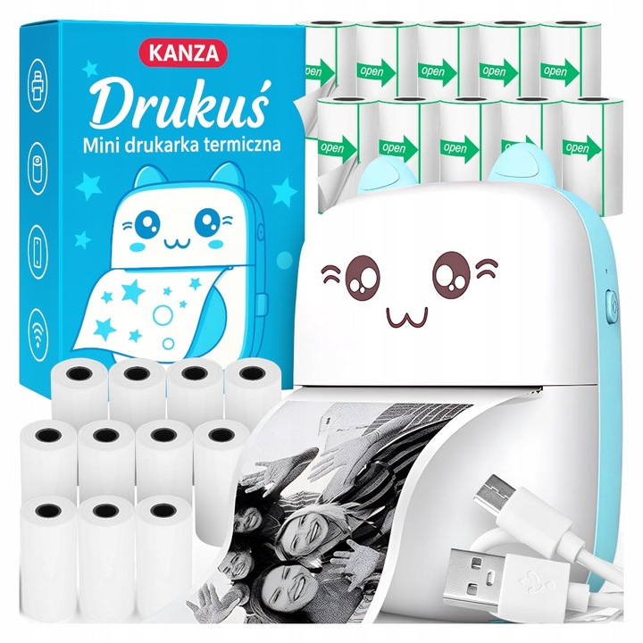 Set Mini Imprimantă Termică Drukus, 20 Role Hartie, Bluetooth, Albastru, 10.2x10.8x10cm